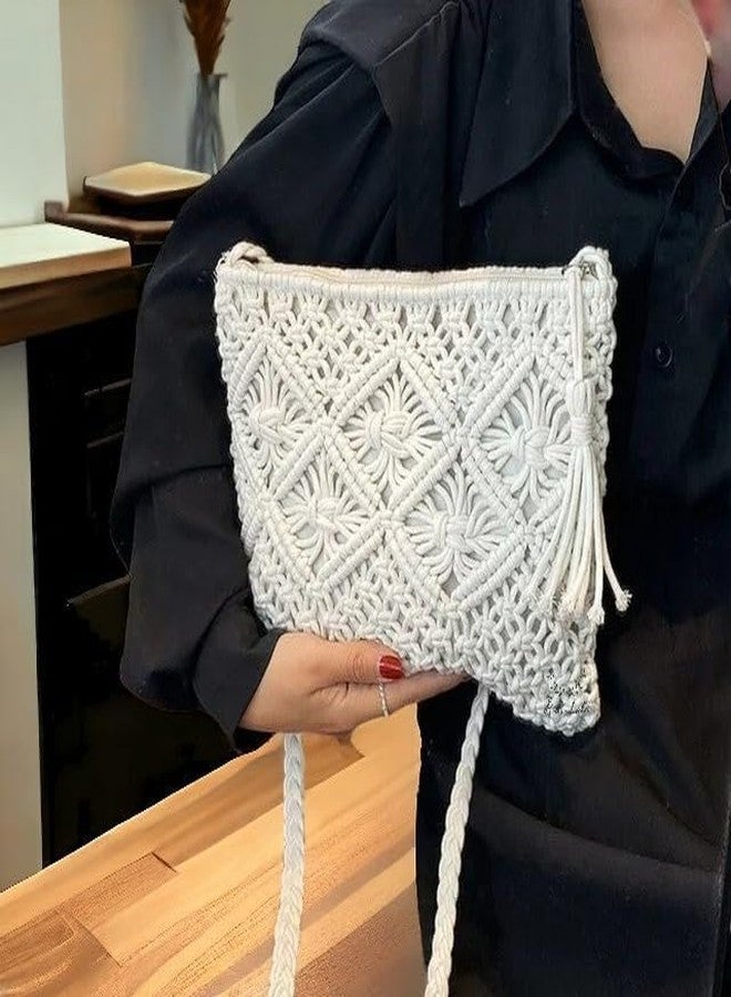 Urooz Crochet Lace Shoulder Bag with Braided Strap, Off-White, 25 x 18 cm - Image 3